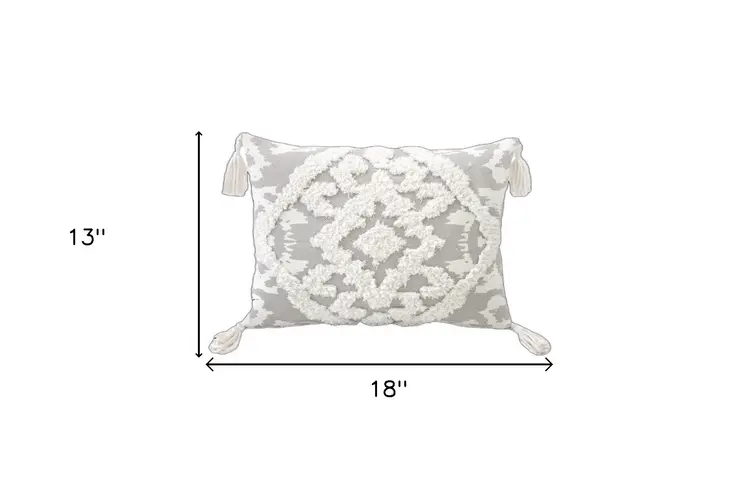 13" X 18" Gray and White Throw Pillow with Tassels