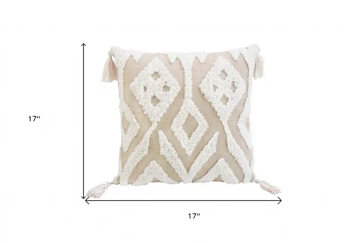 17" X 17" Beige And White Ikat Zippered Polyester Throw Pillow With Tassels