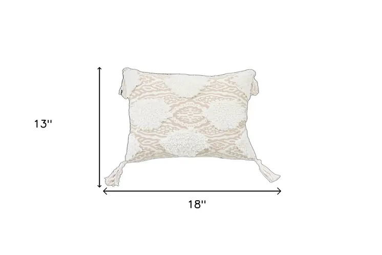 13" X 18" Beige and White Throw Pillow with Tassels
