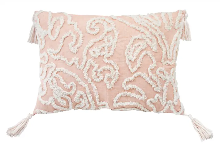 13" X 18" Beige and Ivory Damask Throw Pillow With Texture Embroidery and Tassles