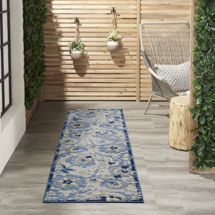 6' Blue And Gray Indoor Outdoor Runner Rug