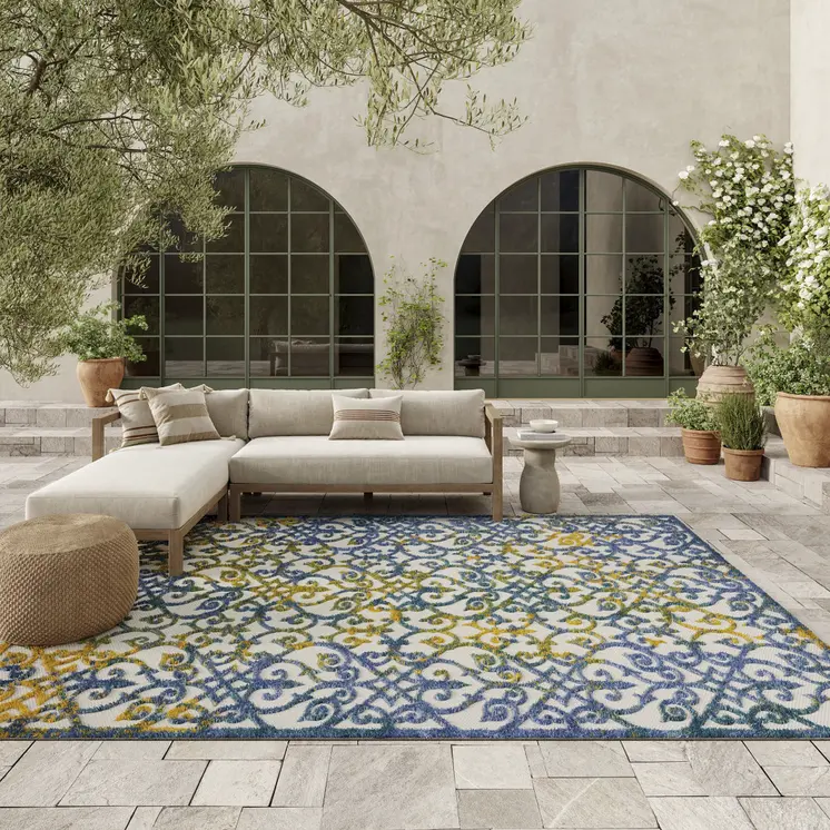 10' Blue And Gray Indoor Outdoor Runner Rug