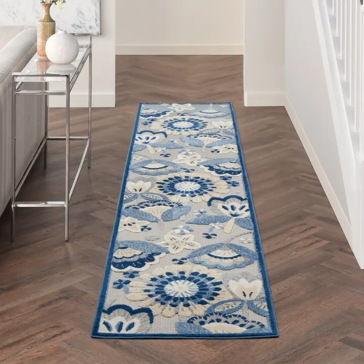 12' Blue And Gray Indoor Outdoor Runner Rug