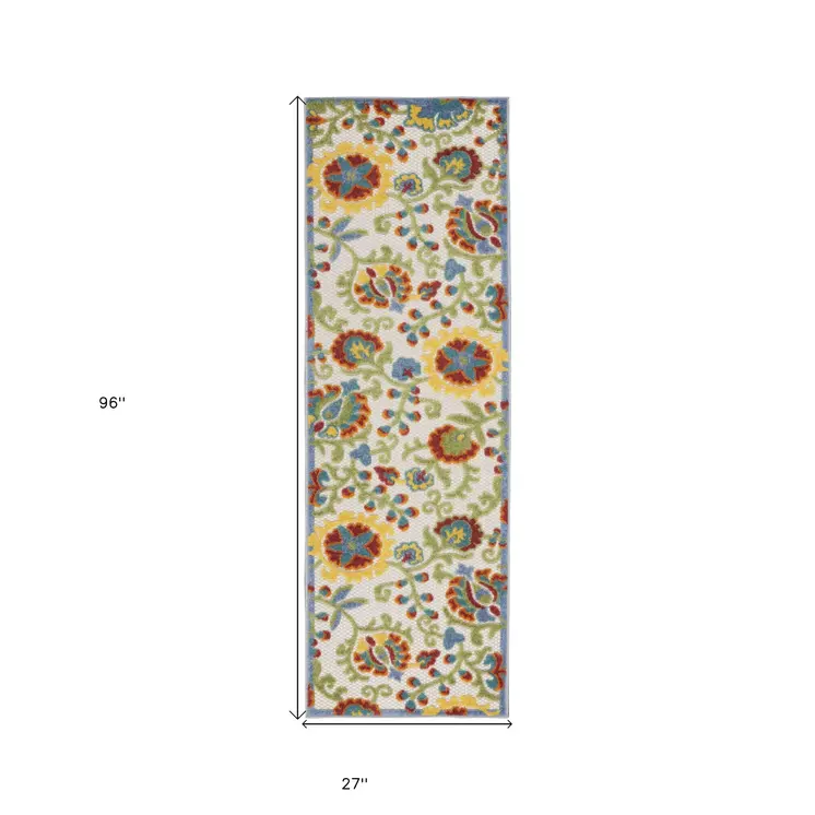 8' Green And Ivory Indoor Outdoor Runner Rug