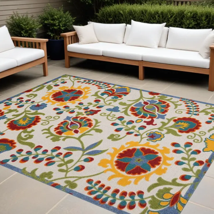 9' X 12' Green And Ivory Indoor Outdoor Area Rug
