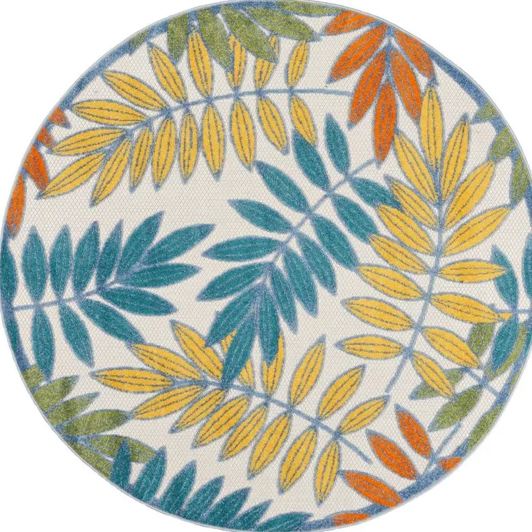 5' X 5' Ivory And Blue Round Indoor Outdoor Area Rug