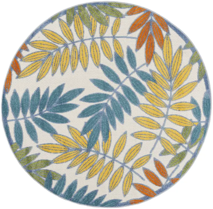 5' X 5' Ivory And Blue Round Indoor Outdoor Area Rug