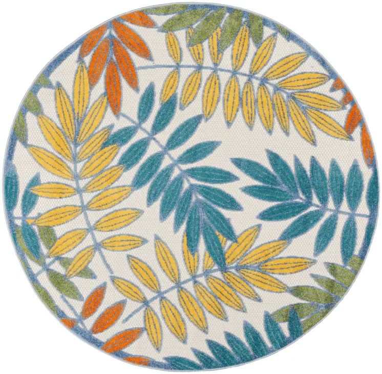 8' X 8' Ivory And Blue Round Indoor Outdoor Area Rug