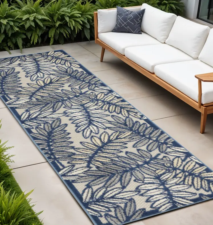10' Ivory And Blue Indoor Outdoor Runner Rug