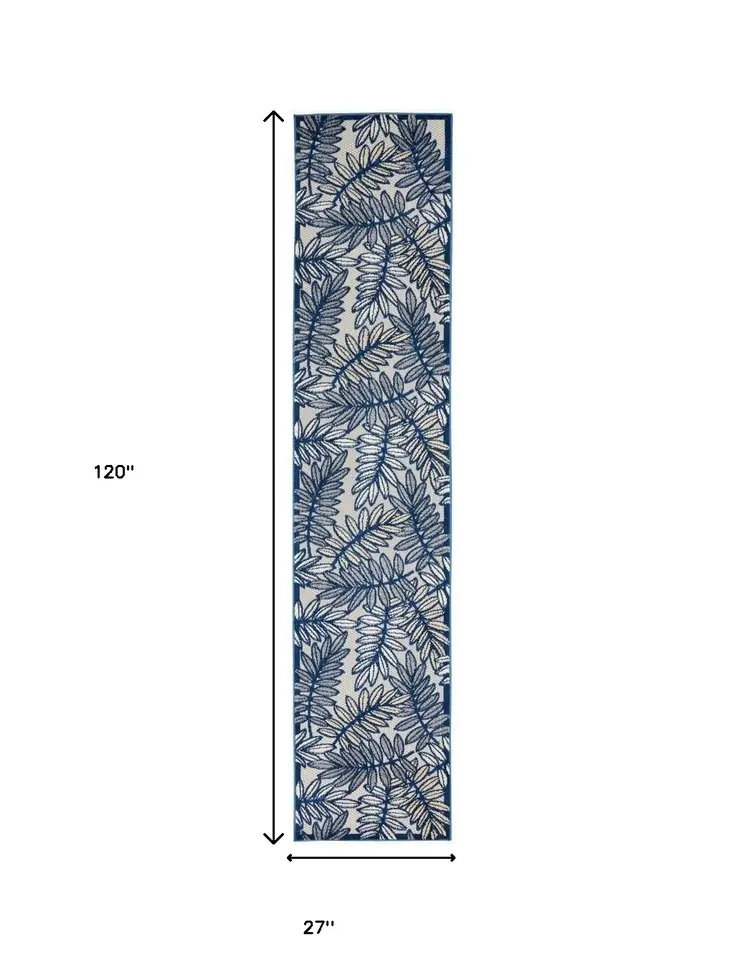 10' Ivory And Blue Indoor Outdoor Runner Rug