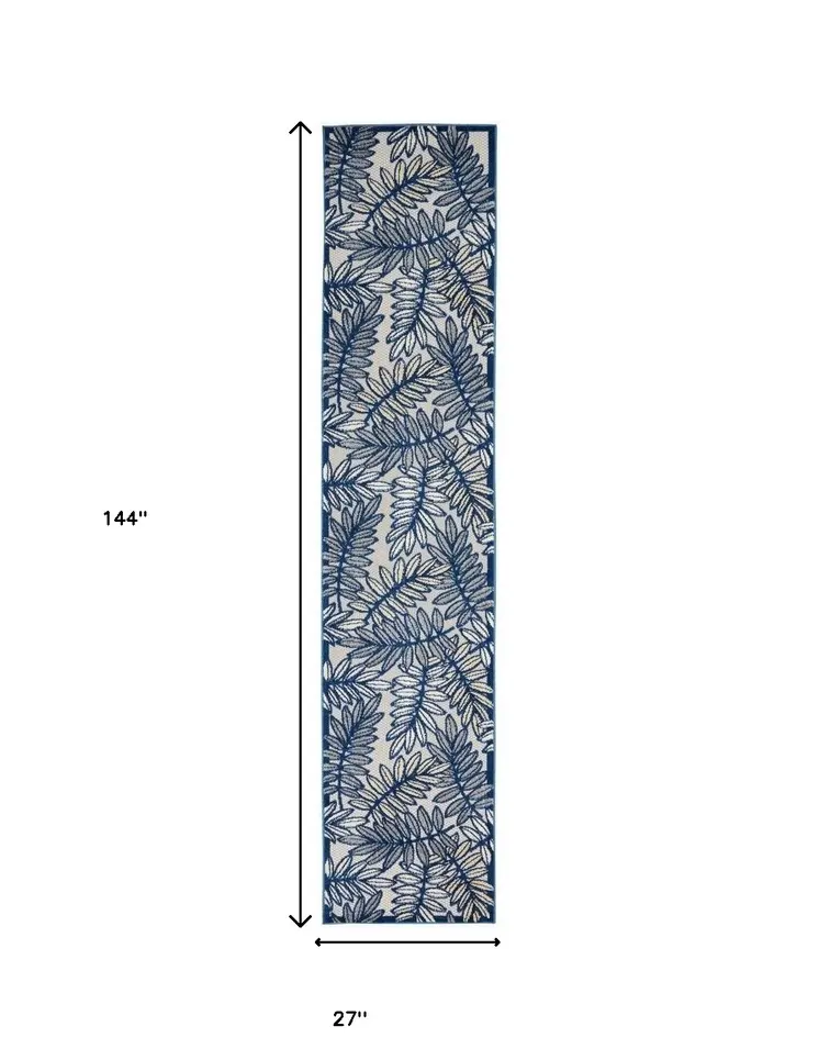 12' Ivory And Blue Indoor Outdoor Runner Rug