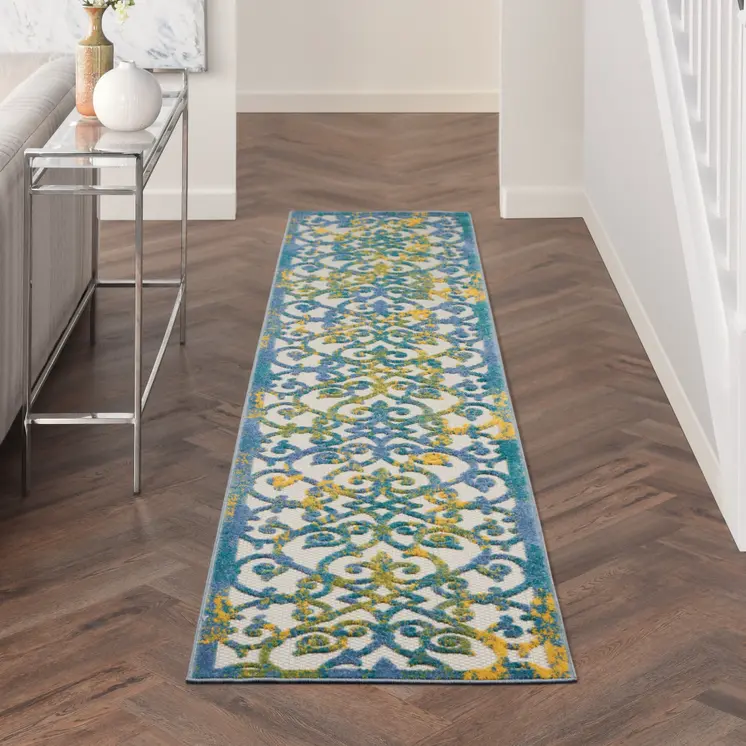 10' Ivory And Blue Indoor Outdoor Area Rug