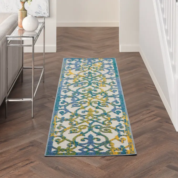 8' Ivory And Blue Indoor Outdoor Area Rug