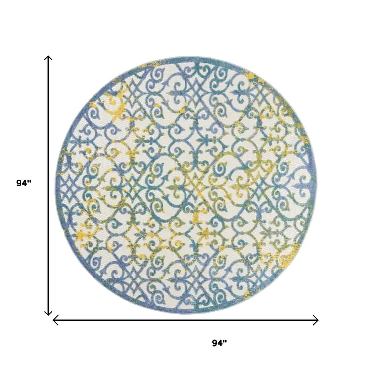 8' X 8' Ivory And Blue Round Indoor Outdoor Area Rug