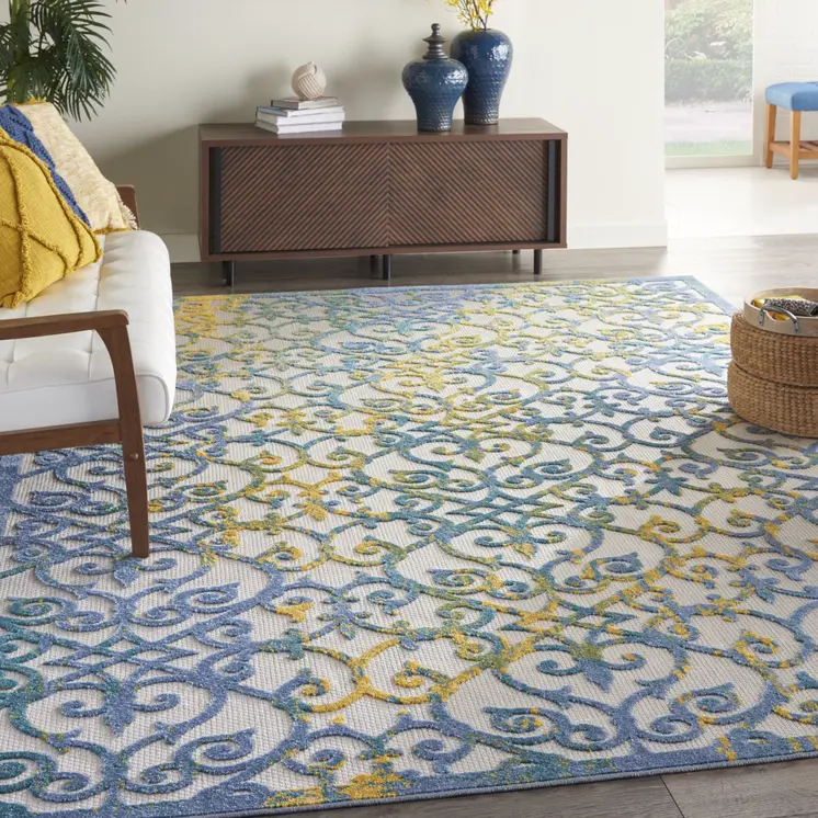 9' X 12' Ivory And Blue Indoor Outdoor Area Rug