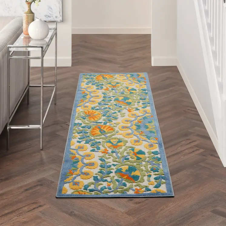 6' Blue And Yellow Indoor Outdoor Runner Rug