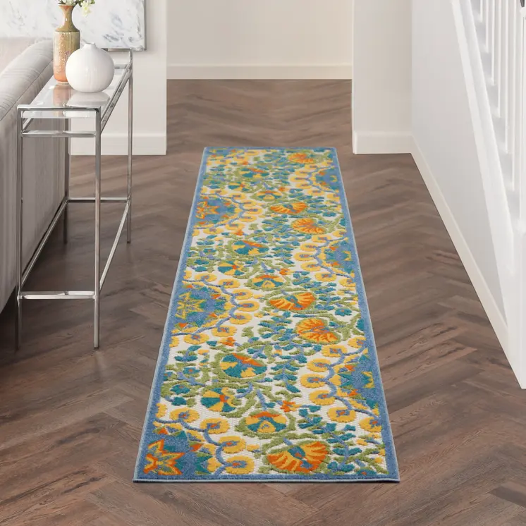 10' Blue And Yellow Indoor Outdoor Runner Rug