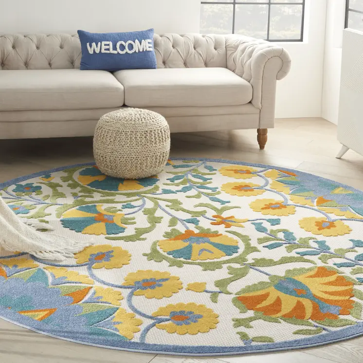 8' X 8' Blue And Yellow Round Indoor Outdoor Area Rug