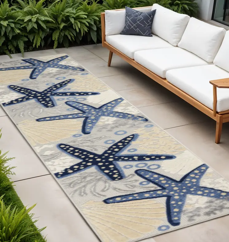 12' Blue And Gray Nautical Indoor Outdoor Runner Rug
