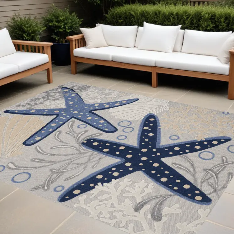 9' X 12' Blue And Gray Starfish Indoor Outdoor Area Rug