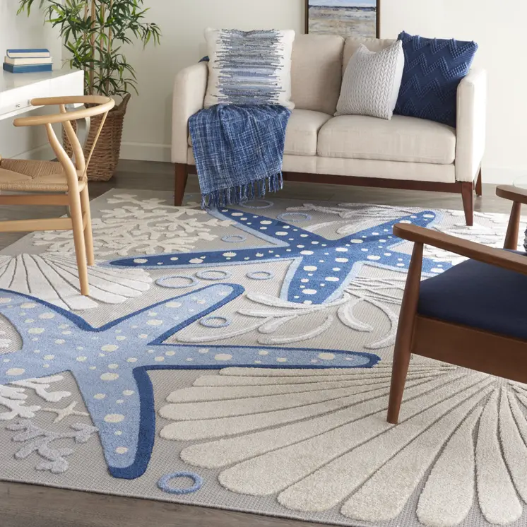 9' X 12' Blue And Gray Starfish Indoor Outdoor Area Rug