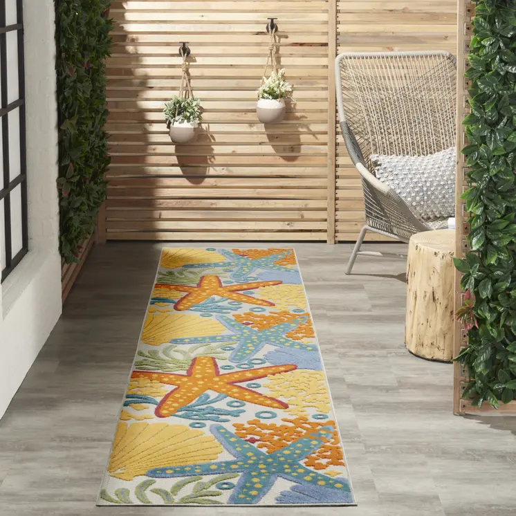 10' Blue And Yellow Indoor Outdoor Runner Rug
