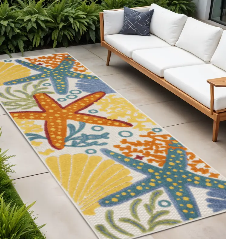 8' Blue And Orange Indoor Outdoor Runner Rug