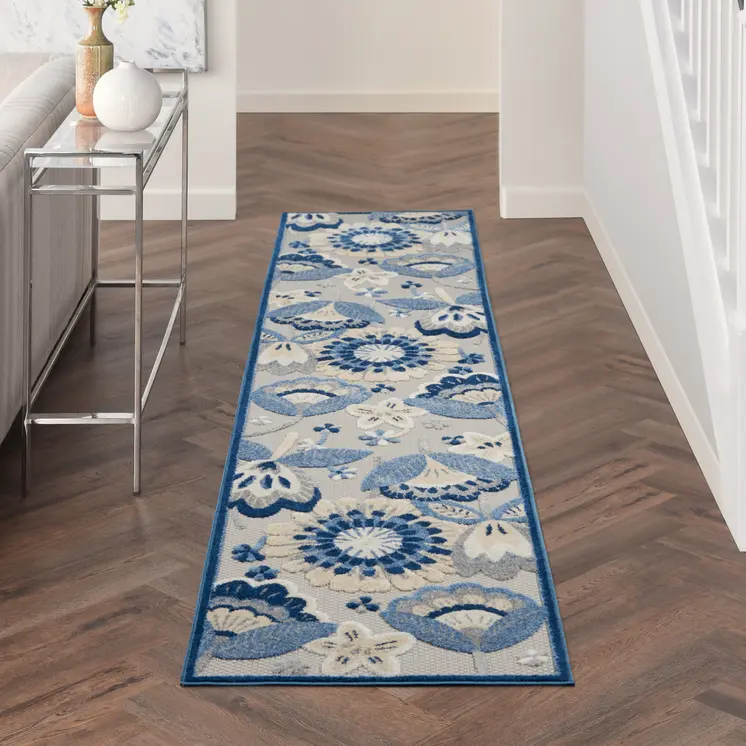 10' Blue And Gray Indoor Outdoor Runner Rug