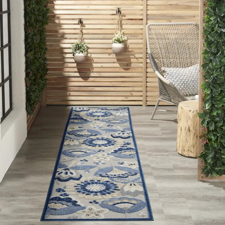 10' Blue And Gray Indoor Outdoor Runner Rug