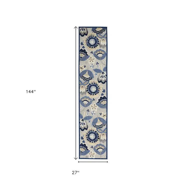 12' Blue And Gray Indoor Outdoor Runner Rug