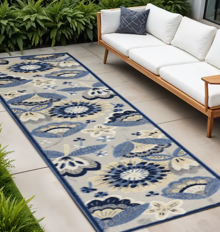8' Blue And Gray Indoor Outdoor Runner Rug