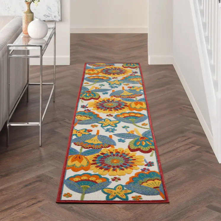 10' Blue And Yellow Indoor Outdoor Runner Rug