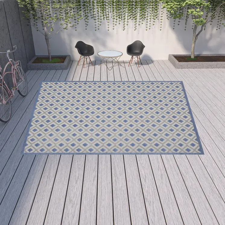 12' X 15' Blue And Grey Gingham Non Skid Indoor Outdoor Area Rug