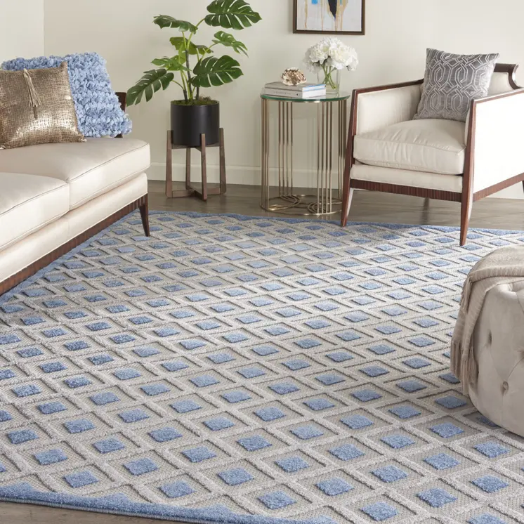 12' X 15' Blue And Grey Gingham Non Skid Indoor Outdoor Area Rug