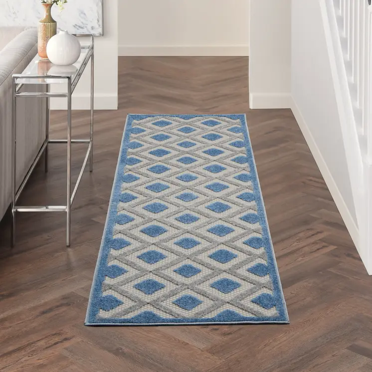 8' Blue And Gray Indoor Outdoor Runner Rug