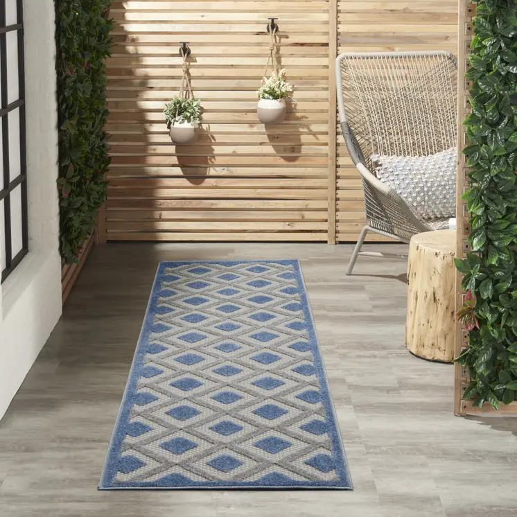 8' Blue And Gray Indoor Outdoor Runner Rug