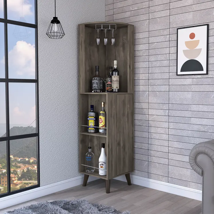 73" Dark Brown Wood Corner Bar Cabinet With One Drawer