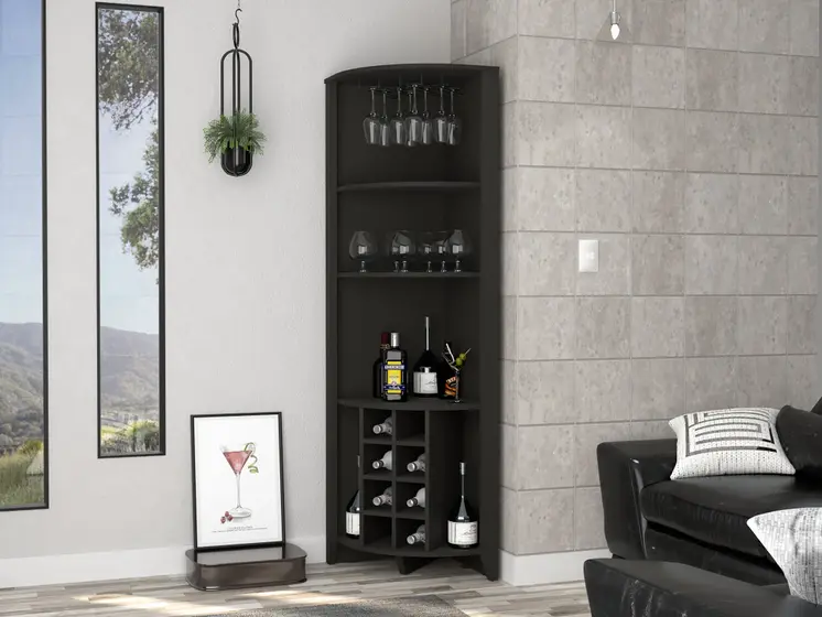71" Black Wood Corner Bar Cabinet