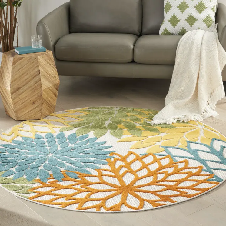 5' X 5' Blue And Yellow Round Indoor Outdoor Area Rug
