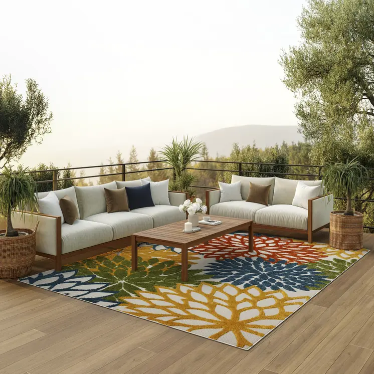 7' X 10' Blue And Yellow Indoor Outdoor Area Rug