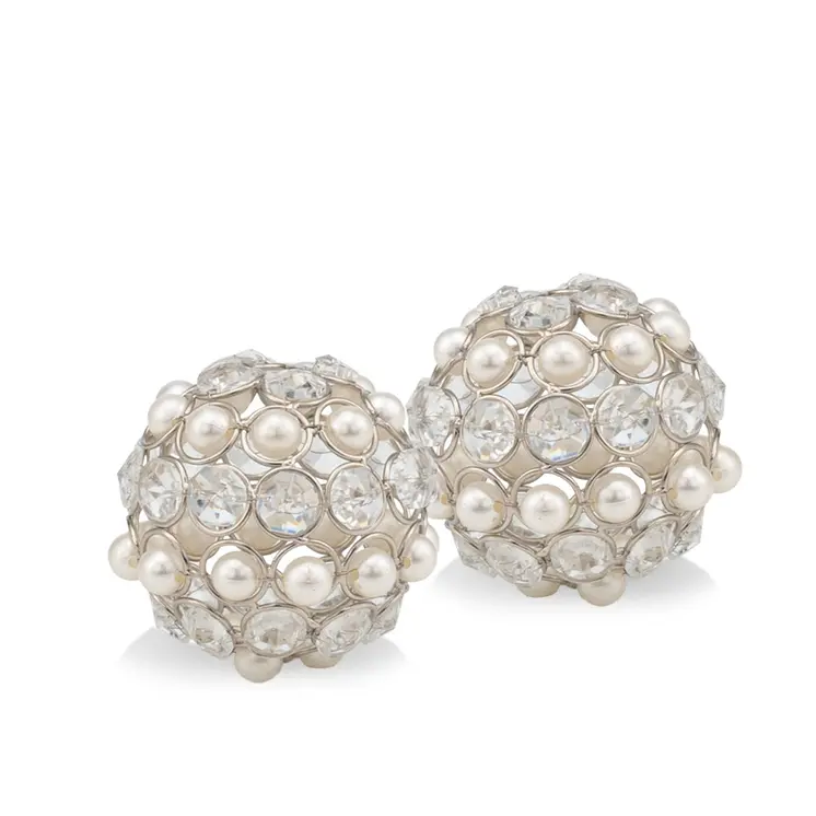 Set of Two Silver and Clear Faux Crystal and Pearl Decorative Orbs