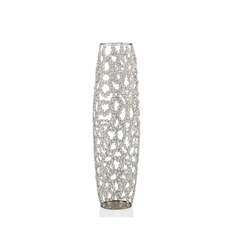32" Silver Cylinder Crystal Glass Floor Vase With Faux Crystals