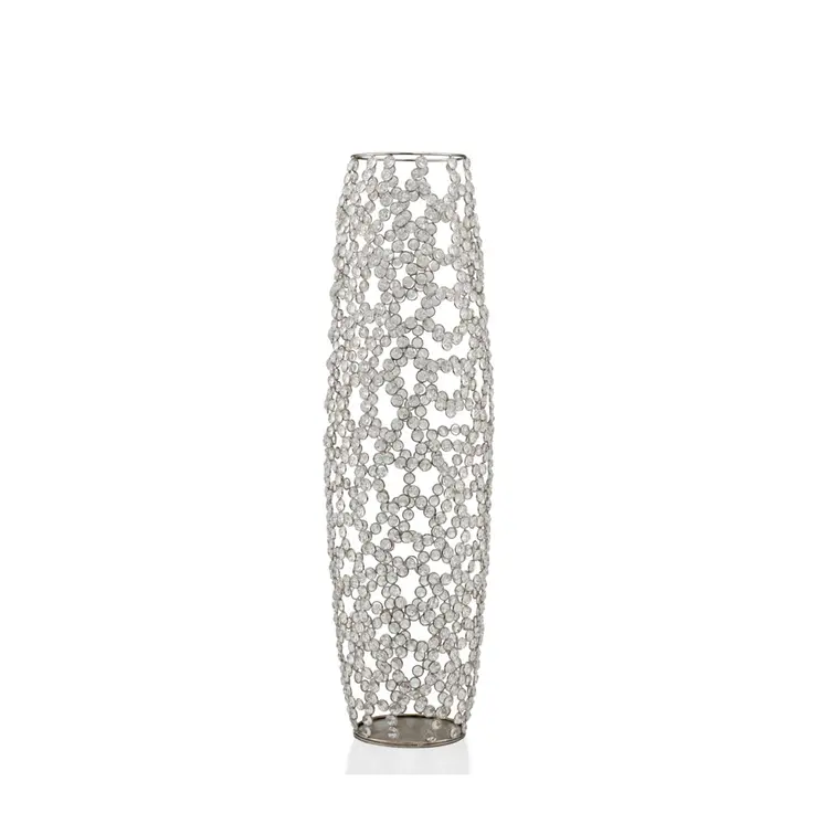 32" Silver Cylinder Crystal Glass Floor Vase With Faux Crystals