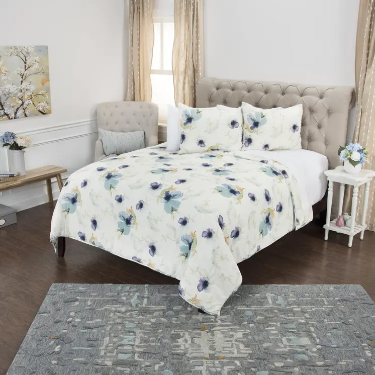Set of Two Blue And Green Floral Twin Extra Long Quilt