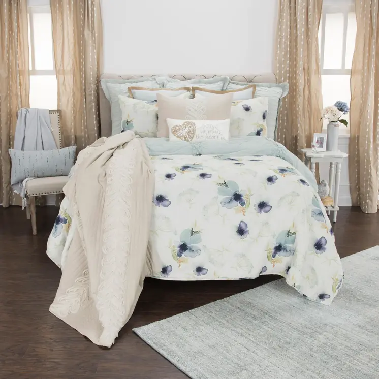 Set of Two Blue And Green Floral Twin Extra Long Quilt