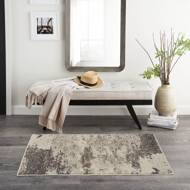 2' X 4' Ivory And Grey Abstract Power Loom Non Skid Area Rug