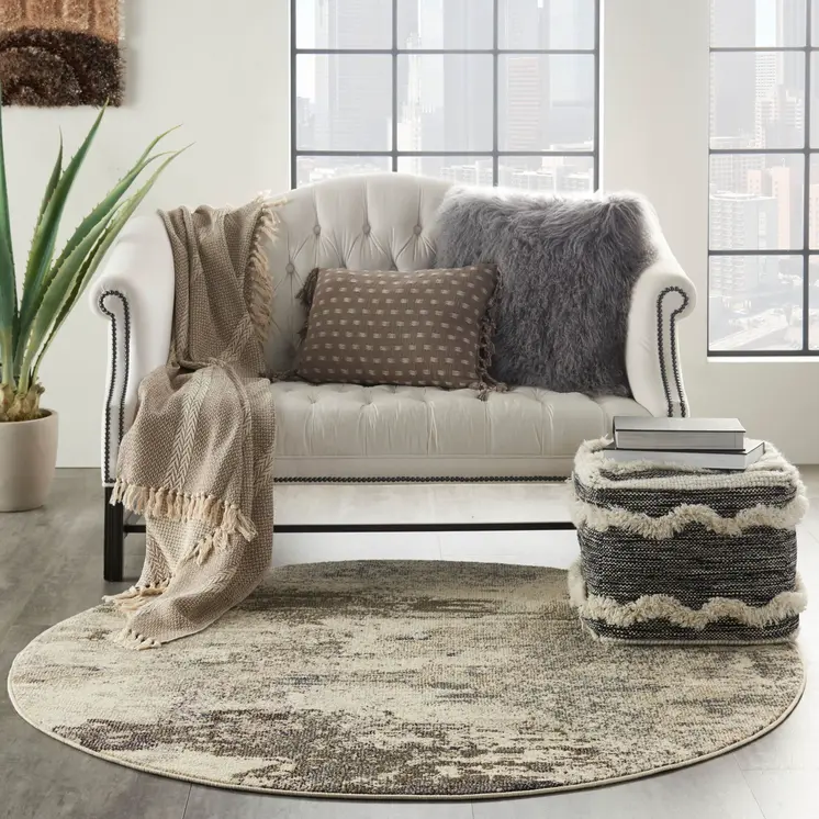 4' X 4' Ivory And Grey Round Abstract Power Loom Non Skid Area Rug