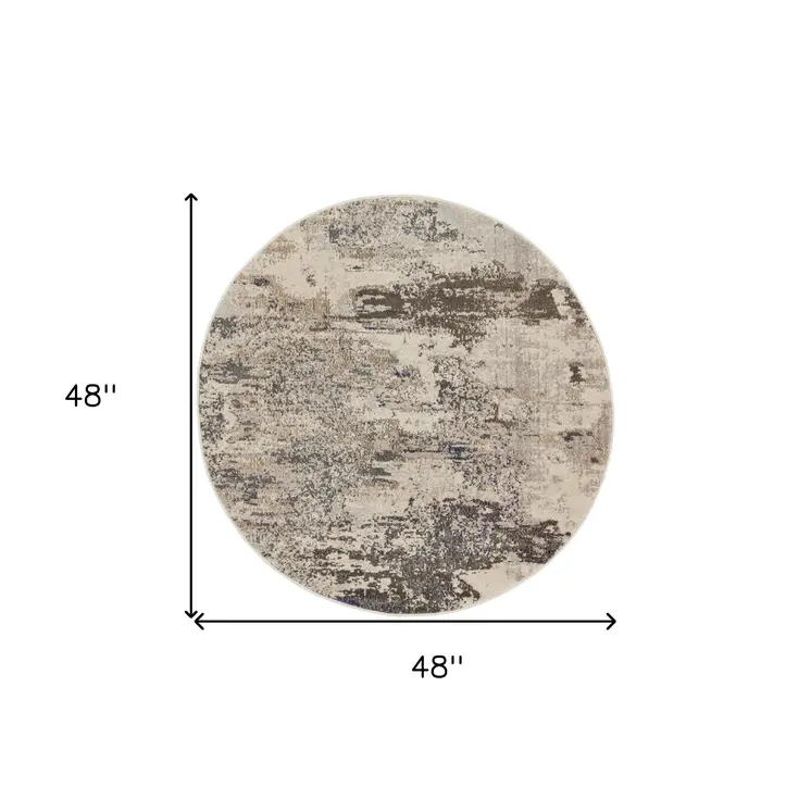 4' X 4' Ivory And Grey Round Abstract Power Loom Non Skid Area Rug