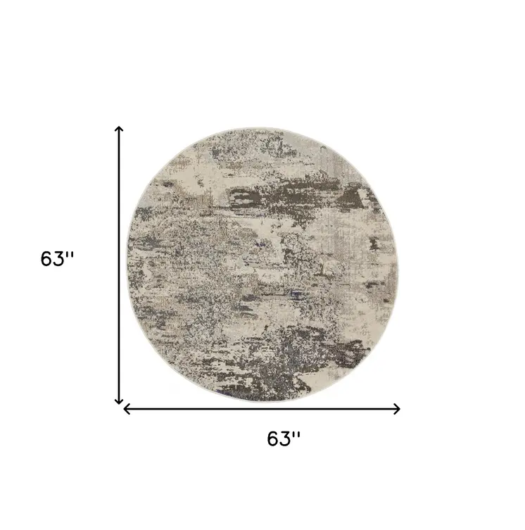 5' X 5' Ivory And Grey Round Abstract Power Loom Non Skid Area Rug