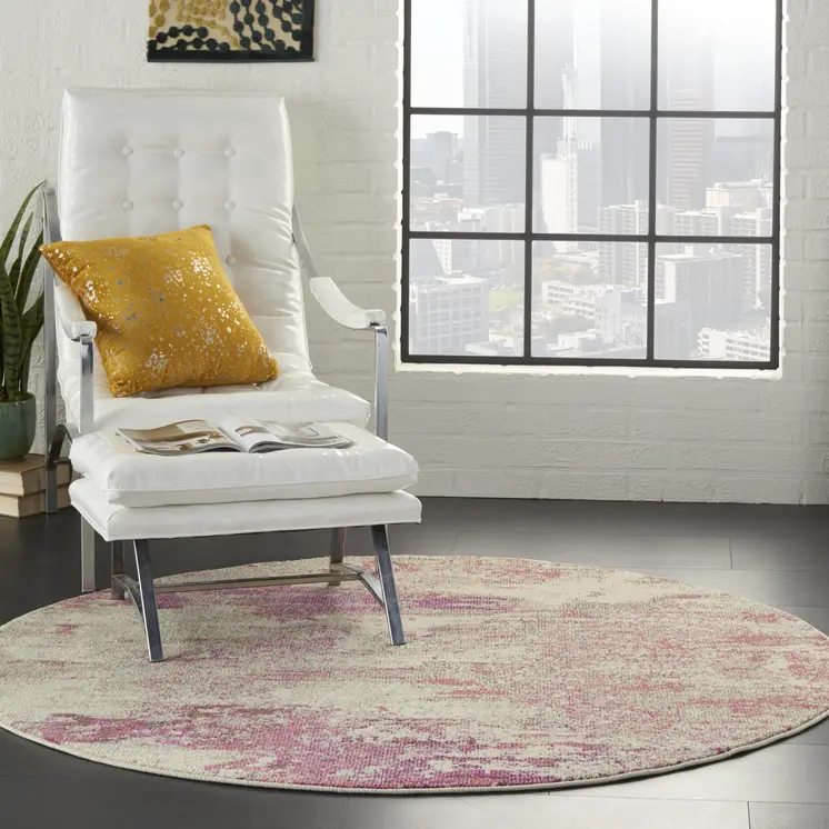 4' X 4' Ivory And Pink Round Abstract Power Loom Non Skid Area Rug